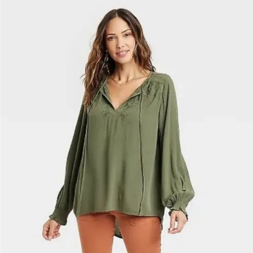 Knox Rose Women’s Long Sleeve Boho Embroidered Shirt Top Size 2XL Olive Green